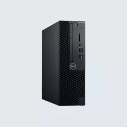 Computador desktop preto com portas frontais e logotipo, em fundo claro, visto em perspectiva lateral.